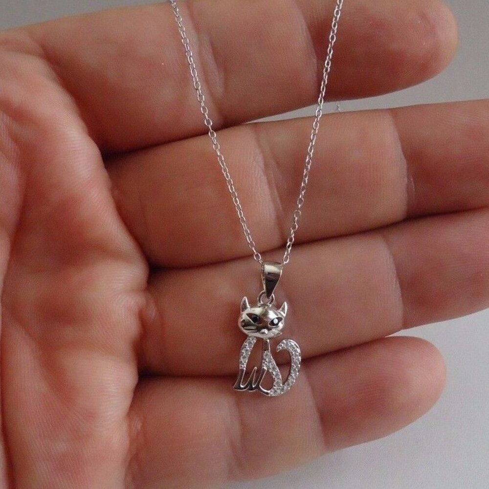 CAT NECKLACE PENDANT LAB CREATED DIAMONDS / 925 STERLING SILVER 11MM BY 17MM